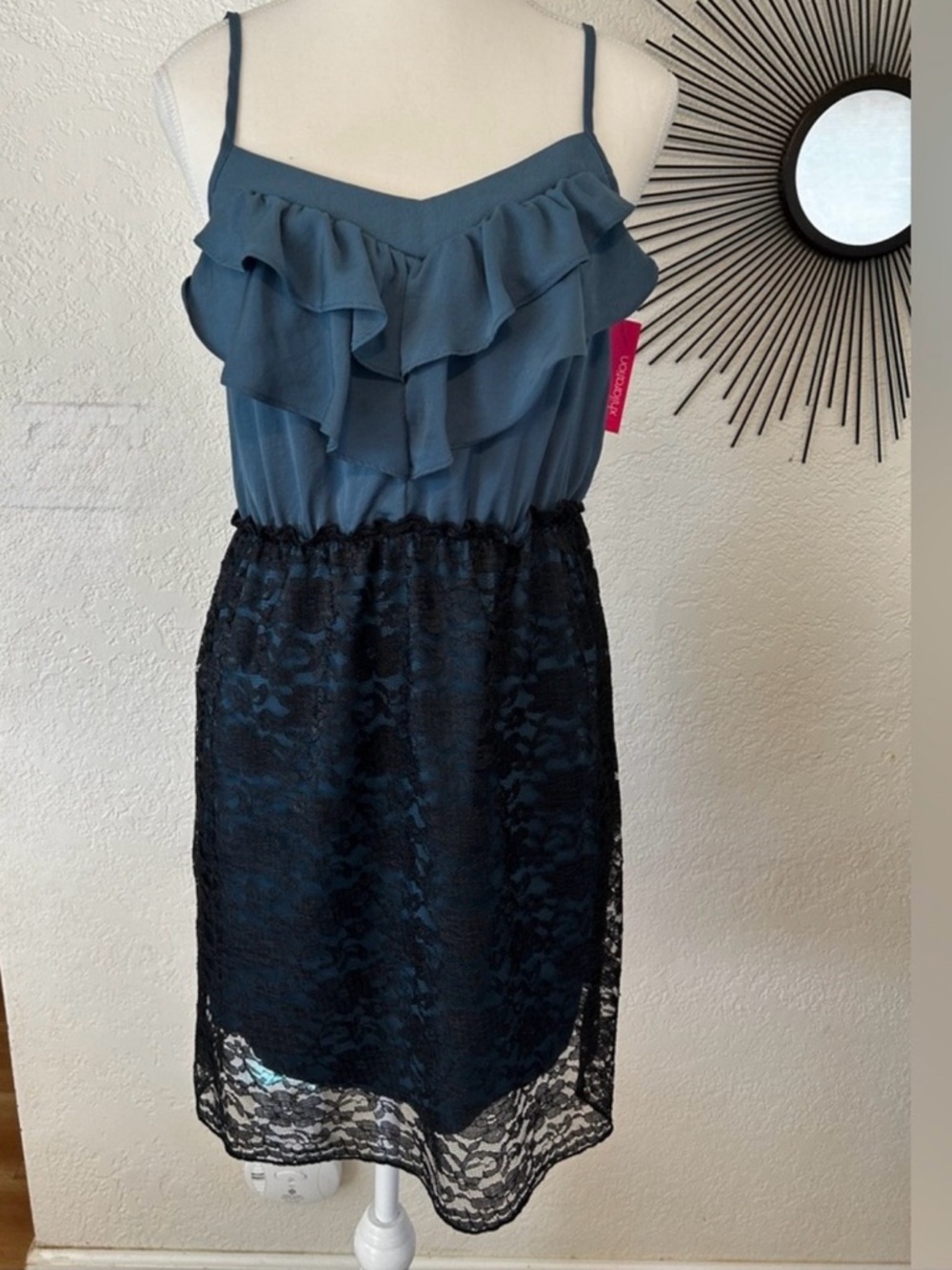 Ruffled Spaghetti Strap Dress with Lace Skirt - Blue & Black